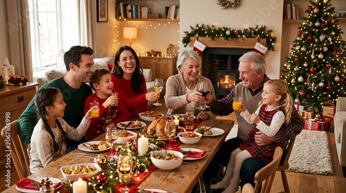 A family gathers in a cozy living room decorated for Christmas.