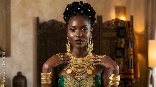 A American-African women with braided hair adorned with gold-colored accents is wearing several pieces of jewelry.