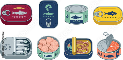Canned Seafood Vector Icon Set Featuring Sardines, Tuna, Salmon, and Octopus Tin Packagings for Grocery Grocery Retail, Food Industry, and Kitchen Designs
