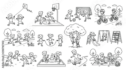 Cuadro en lienzo Hand drawn kids outdoor activities coloring page, children playing sports and ga
