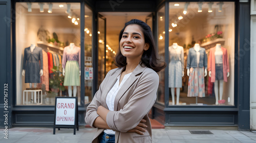 Woman standing confidently in front of clothing store with grand opening sign