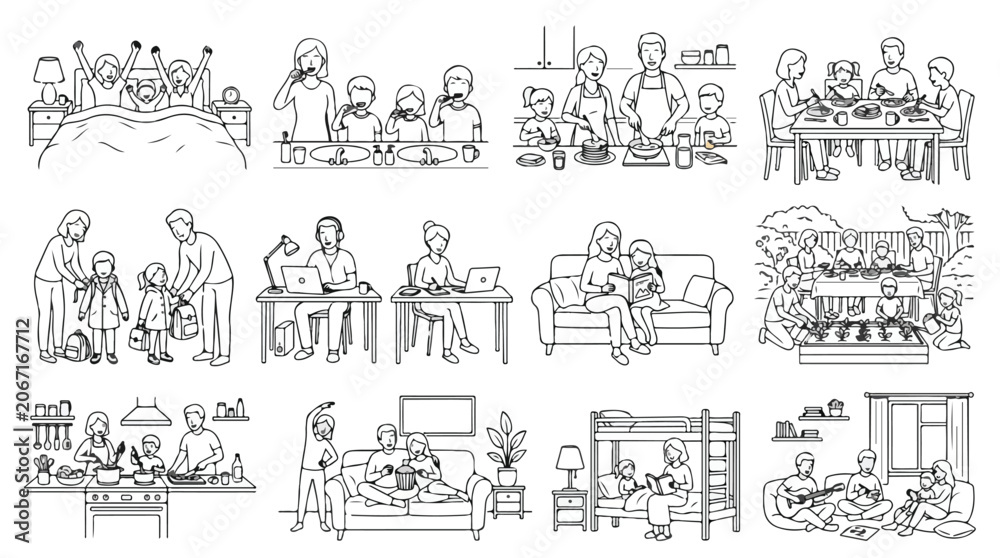 Obraz premium Minimalist line art family daily routine set, 12 vector illustrations of domestic life, black and white outline scenes of parents and children