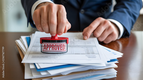 Businessman in suit approving documents with red stamp on wooden desk