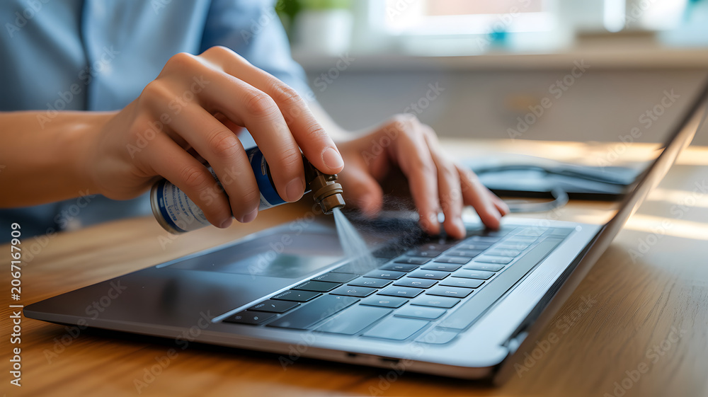Fototapeta premium Person cleaning laptop keyboard with compressed air spray can on wooden desk in office