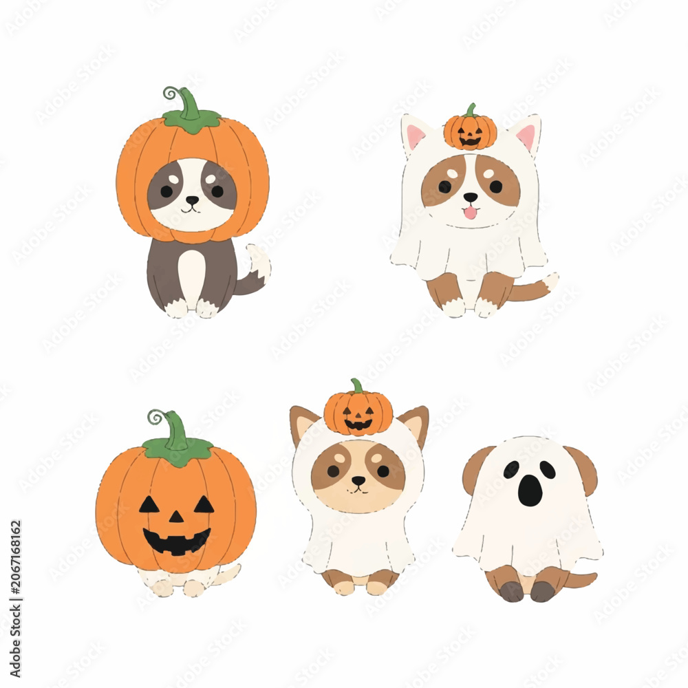 Fototapeta premium Cute dogs wear Halloween costumes sitting with pumpkins on heads