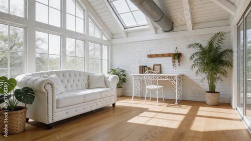 Bright airy loft interior with white tufted sofa, large windows and green plants, modern home office space with wooden floor and skylight