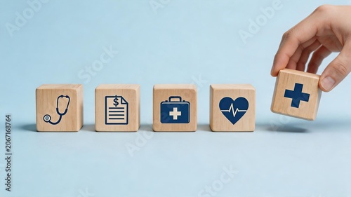 Hand arranging wooden blocks with medical icons like stethoscope and heart, healthcare insurance and wellness concept