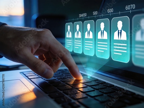 Futuristic holographic interface showing candidate profiles and data analytics, human resources recruitment and talent acquisition concept