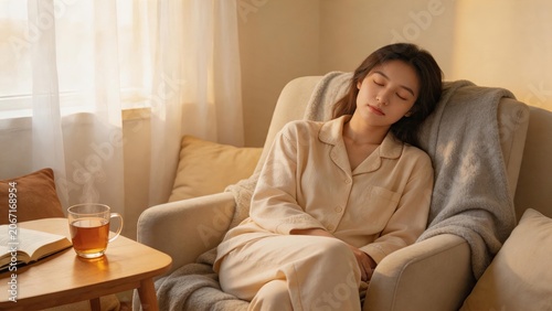 Relaxed young woman sleeping on armchair with hot tea, cozy home lifestyle, peaceful rest and self-care concept, warm sunlight through window, comfortable pajamas and blanket