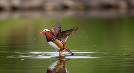 Vibrant Mandarin Duck in Water with Wings Spread