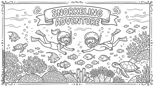 Photos Underwater Snorkeling Adventure Scene with Divers and Coral.
