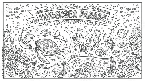 Obraz na plátně Whimsical Underwater Parade: Sea Creatures, Coral Reefs, and Bubbles