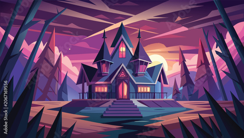 Schilderij op canvas Digital art of a dark fantasy house at night with moonlit sky illustration myste