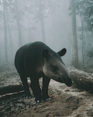 Malayan Tapir Wandering Through a Misty Jungle Clearing Amidst Soft Fog and Trees