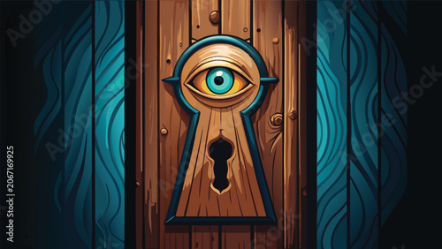 Intricate wooden door keyhole featuring realistic human eye illustration observation watching perspective discovery awareness interior surveillance detection curiosity abstract illustration