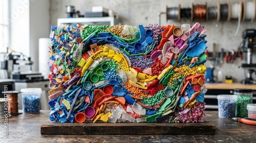 A colorful, abstract sculpture made from plastic waste, featuring waves and waves of colorful plastic pieces, with a background of a workshop with tools and materials.