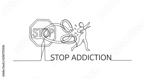 Tableau sur toile Stop Addiction Concept: Person Escaping Trap Drawn in Single Line Art