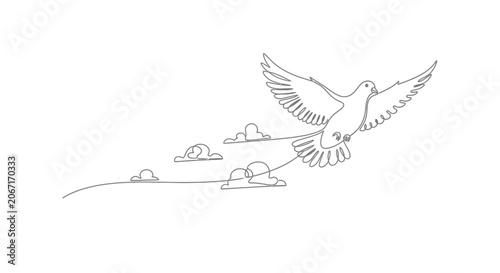 Minimalist Line Art Dove Flying Through Clouds, Symbol of Peace and Freedom