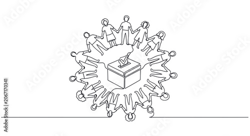 People holding hands around ballot box, democracy and voting concept, line art