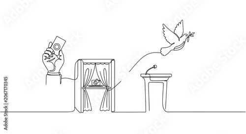 Voting booth connected to podium with dove carrying olive branch, one-line art.