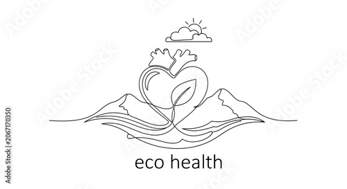 Continuous Line Art: Heart-Shaped Leaf on Mountain Landscape, Eco Health Concept