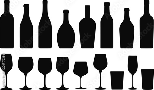 Cuadro en lienzo Wine bottle and glass silhouette vector icon set including various glasses isola