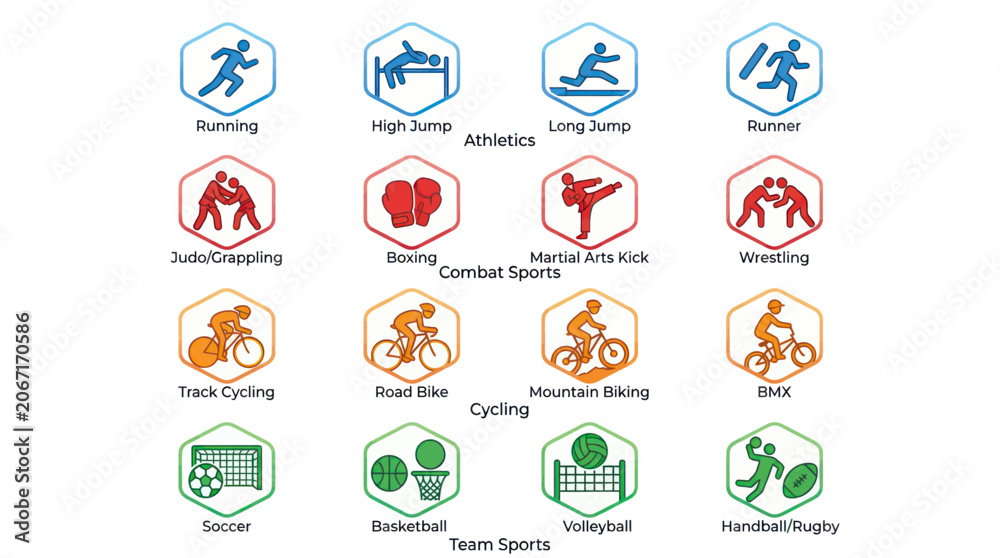 Naklejka premium Sports icon set featuring athletics combat cycling and team games