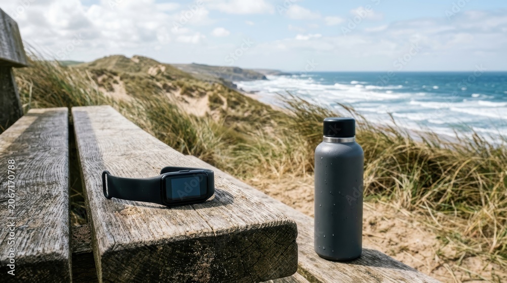 Naklejka premium Serene Beach Scene with Water Bottle and Bench on Sandy Shore.