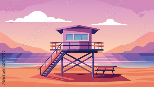 Minimalist lifeguard tower on a calm sunset beach illustration with lifeguard vacation tropical landscape peaceful minimalist illustration colorful shoreline recreation facility