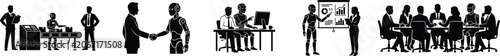 AI Business Robot Human Collaboration Icon Set Flat Vector Silhouette Automation Graphics