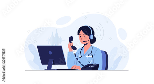 Medical Call Center Operator with Headset and Stethoscope, Assisting Patient Online