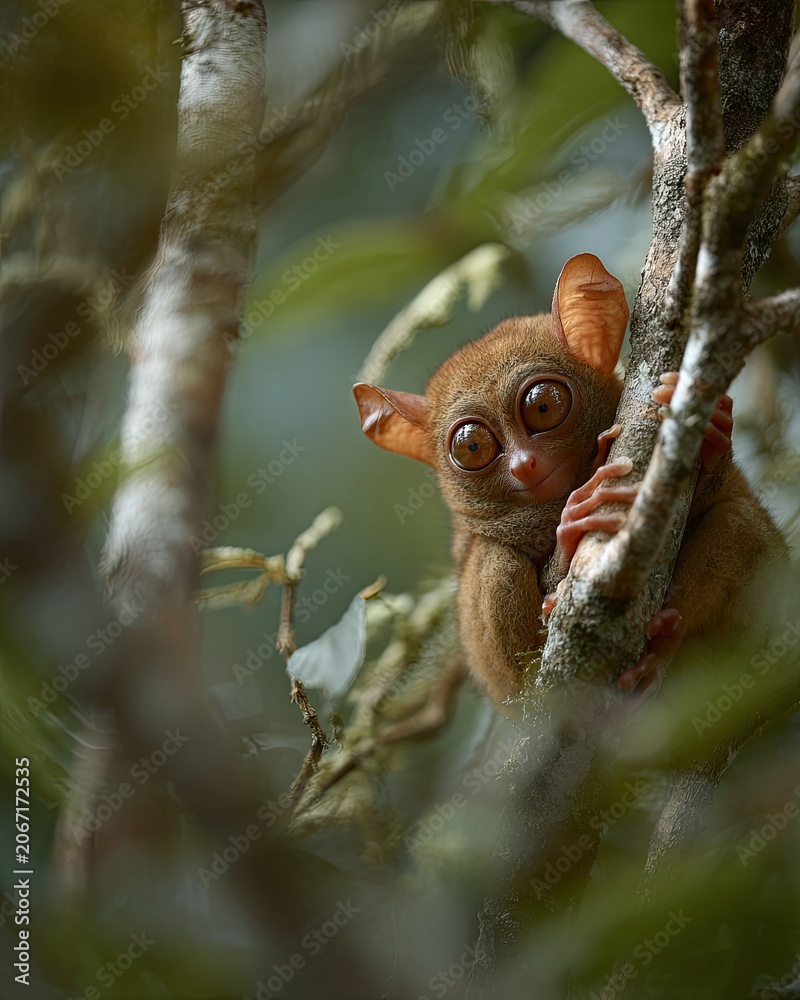 Fototapeta premium Philippine Tarsier Clinging to a Tree Branch in a Lush Forest Habitat
