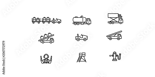 Fotografie Icon set collection of airport ground handling equipment, baggage carts, fuel trucks, stairs, and service staff for aviation logistics