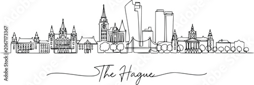 Quadro su tela The Hague Netherlands Continuous Line Skyline Hand Drawn Vector Illustration