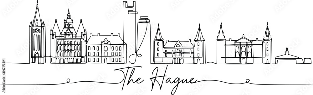 Fototapeta premium The Hague City Skyline One Line Drawing Netherlands Landmark Vector