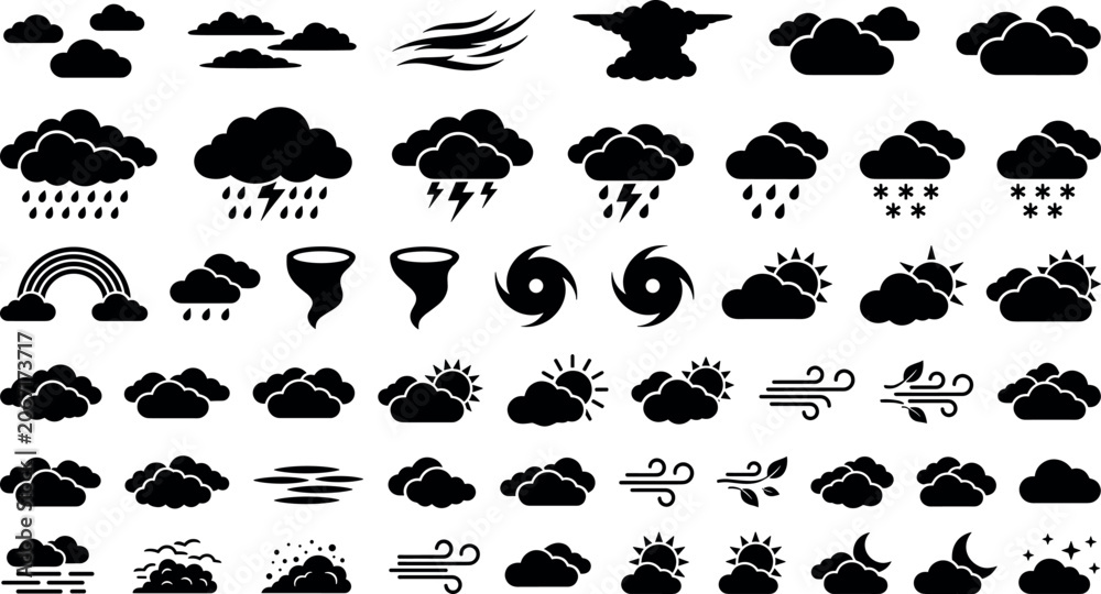 Fototapeta premium Comprehensive weather vector icon set featuring rain clouds lightning storm tornado sun moon snowflake and wind silhouettes