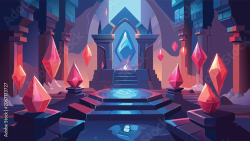 Schilderij op canvas Fantasy temple interior with glowing red crystals and central energy gate archit