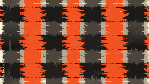Orange and black plaid pattern with distressed ikat texture distressed checkered background geometric creative material wallpaper abstract fashionable wearable clothing wrapping ornament