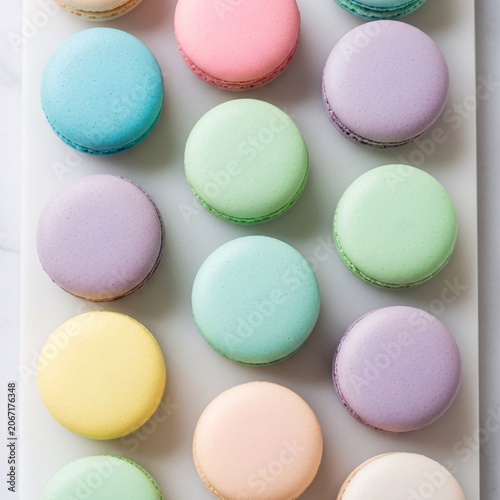 Colorful Pastel French Macarons Neatly Arranged on a Bright White Background