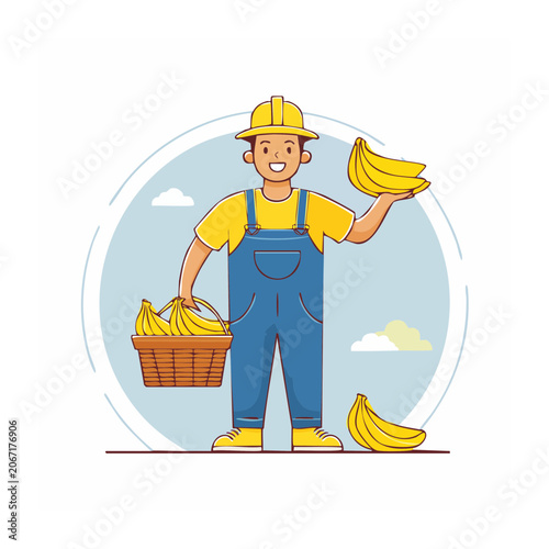 Cartoon Farmer Holding Bananas and Basket