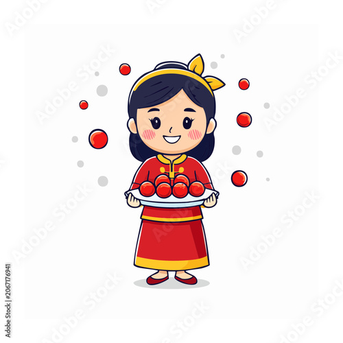 Cartoon girl in traditional dress holding tray of apples