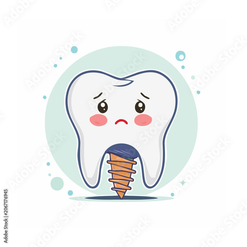 Cartoon sad tooth with dental implant illustration