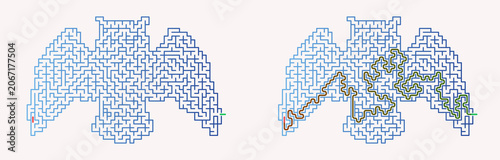 Maze design featuring a bird shape with solved pathways in various colors