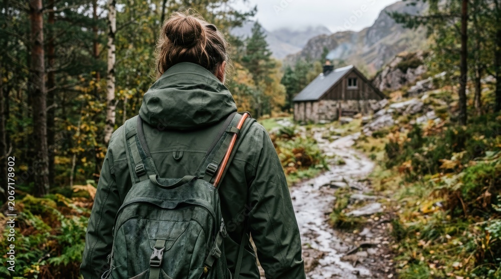Fototapeta premium Hiker Exploring Forest Trail Near Rustic Cabin in Nature.