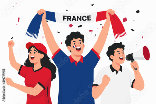 Vector illustration of enthusiastic French football supporters celebrating a victory with national colors, fan scarf, cheering crowd, and festive atmosphere. Ideal for soccer tournaments, championship