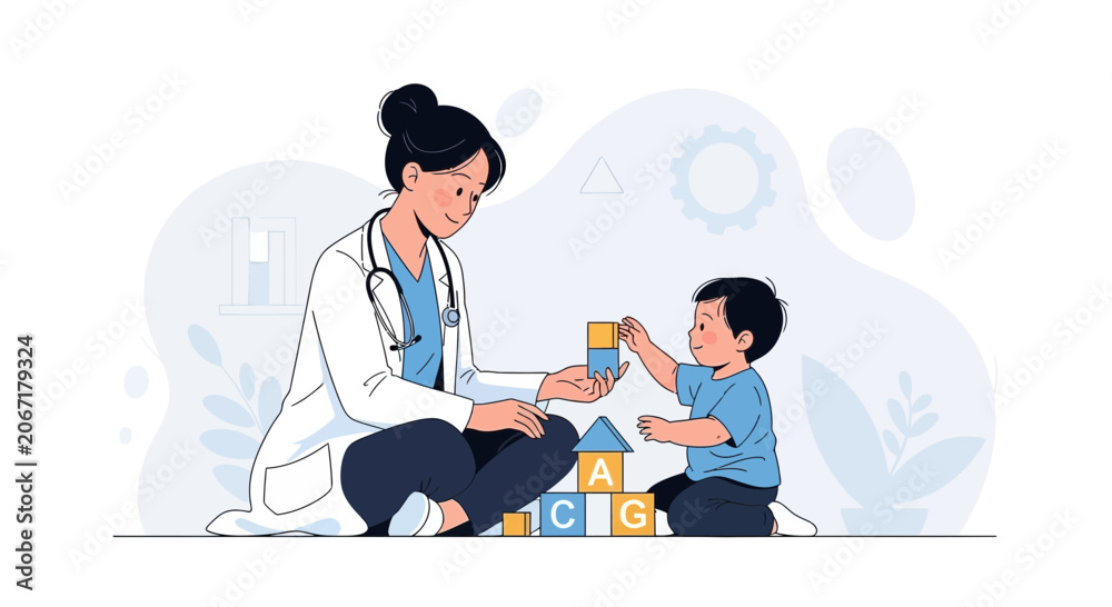 Fototapeta premium Pediatrician playing with child using alphabet blocks, fostering development and trust in a modern, minimalist illustration style.