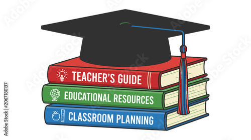 Stack of education books with graduation cap.
