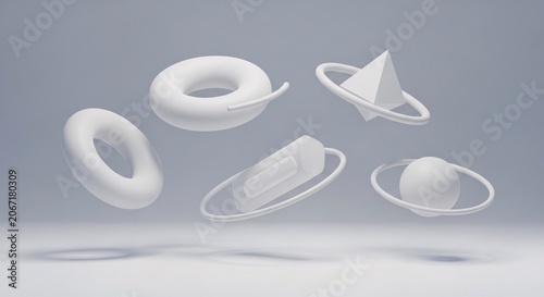 Floating White Abstract 3d Geometric Shapes with Soft Shadows on a Gray Background