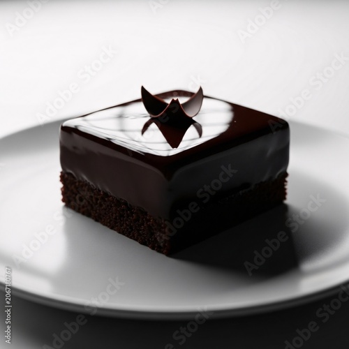 Elegant Dark Chocolate Cake with Glossy Ganache Glaze and Chocolate Curl on White Plate