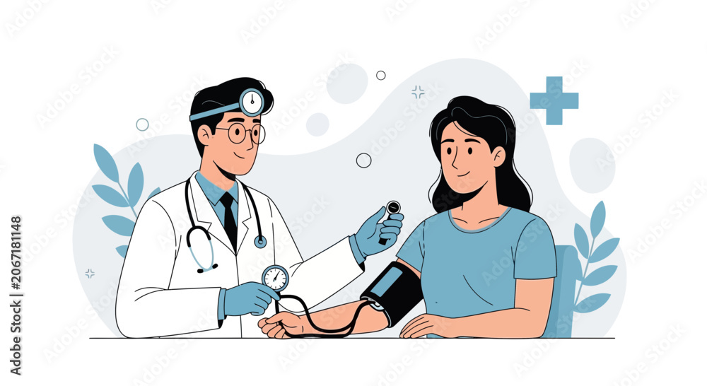 Fototapeta premium Doctor Checking Patient's Blood Pressure in Modern Flat Illustration Style
